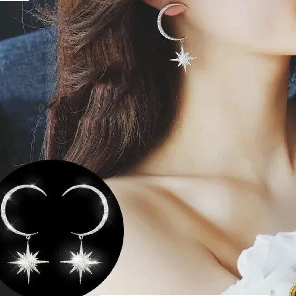 + Dazzling Silver Diamond Starburst Hoop Earrings - Picture 2 of 3